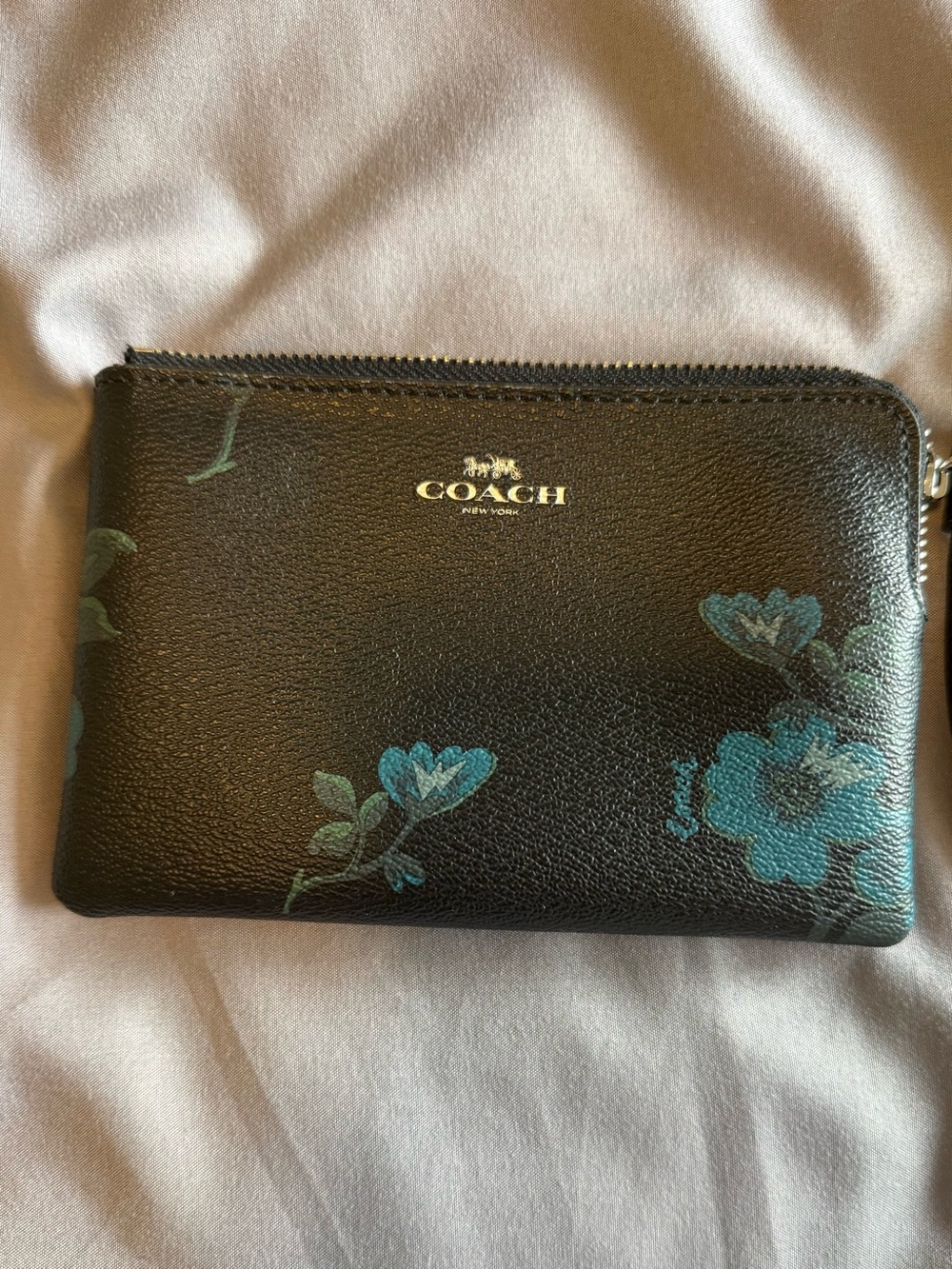 COACH Black Leather Wristlet with Blue Floral Design
